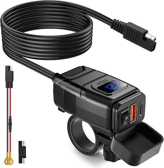 EXTRACTME Motorcycle Phone Charger, 6.4A Dual USB Type C PD & Quick Charge 3.0 Motorcycle USB Charger with Voltmeter & ON/Off Switch, Waterproof Motorcycle Accessories for Phone, Tablet, etc - Blue