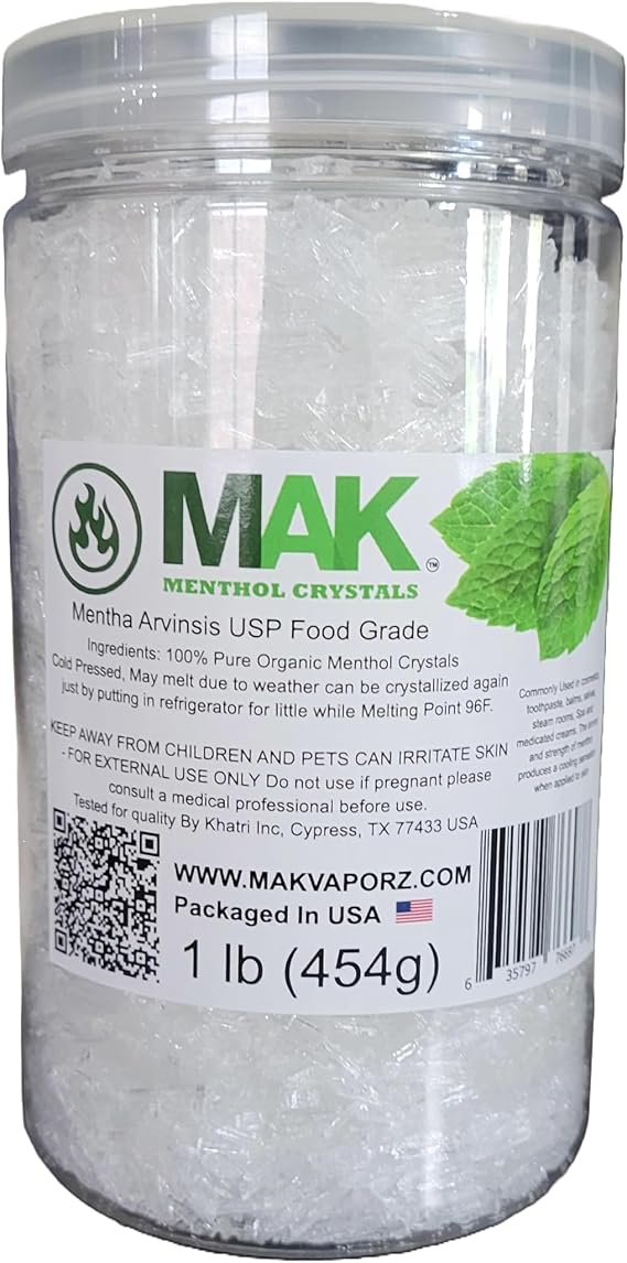 Mak Menthol Crystals 1 lb - Pure Organic 100% Natural - Menthol Crystals from Mint Crystal Mints Mentha Arvensis -  in a Jar for Long-Lasting Freshness
