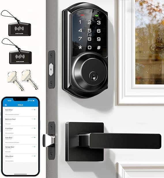 Veise VE06-L Smart Deadbolt Lock with 2 Lever Handle Set, Matte Black | App & Fob Control, Electronic Digital Touchscreen Keypad, Remote Access Sharing, Keyless Entry for Front Door, Auto Lock