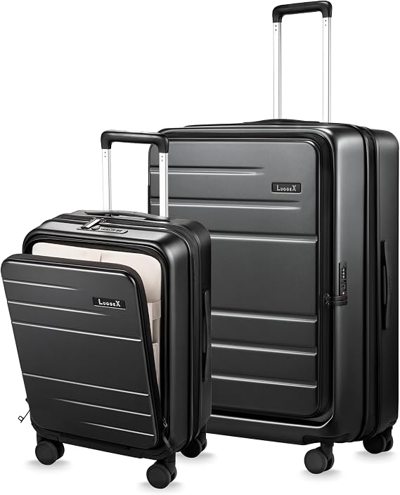 LUGGEX 2-Piece Expandable Luggage Set, Front Opening, Black, 20"/28"