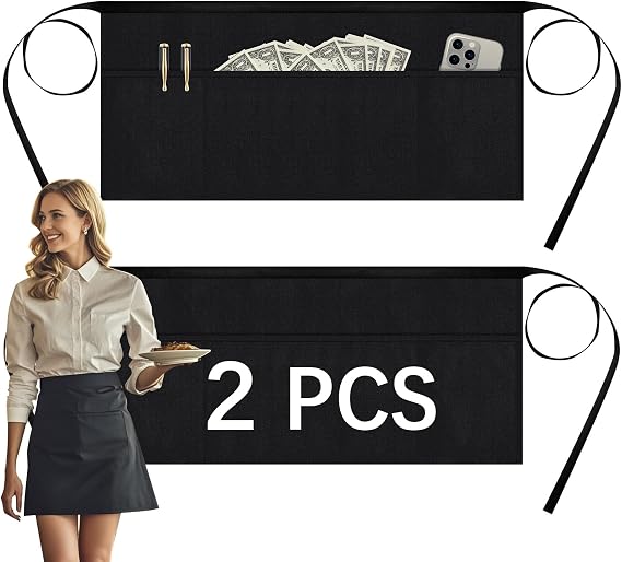 2 PCS Server aprons with 3 pockets - Reinforced tailor edge restaurant apron,black waitress apron (2 PCS)
