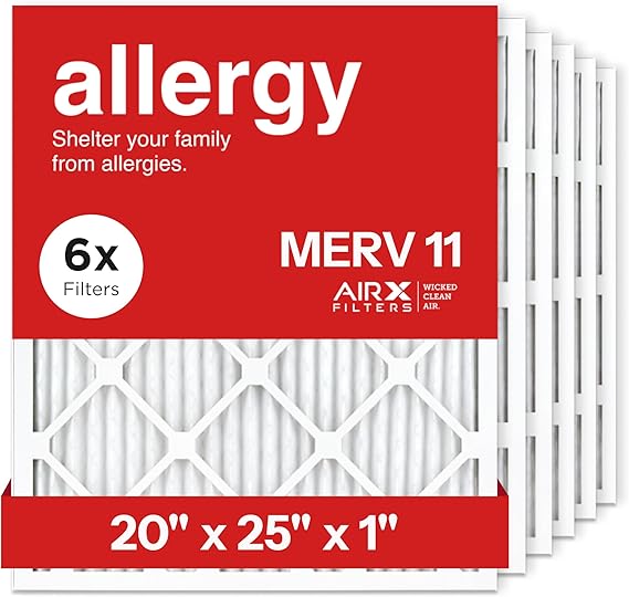 20x25x1 Air Filter by AIRx Filters MERV 11 Pleated Furnace Filter HVAC AC Filters - Made in the USA - 6 Pack