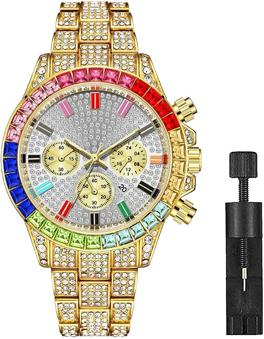 Apzzic Iced Out Colorful Full Diamond Watch CZ Gold Plated Fashion Quartz Analog Band Bracelet Wrist Watch for Men Women
