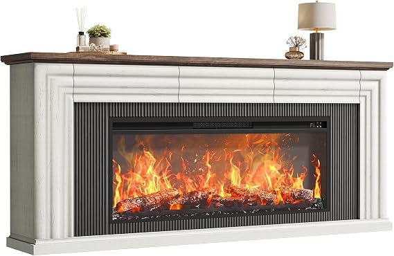 70'' Fireplace TV Stand with 42'' Electric Fireplace, Farmhouse TV Stand for 65 75 Inch TV, Entertainment Center TV Console with 3 Drawers, Fluted Design, for Living Room, Distressed White
