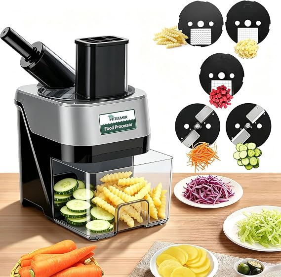 5-In-1 Electric Vegetable Chopper, Commercial Vegetable Slicer | Automatic Veggie Food Cutter with Shredding Striping, Dual Feed Chutes for Potato Onion Fruit Commercial Home Use 110V, 100W