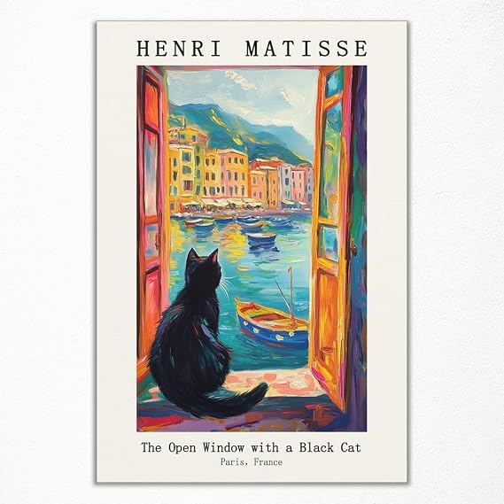 Xianyojafa Henri Matisse Canvas Wall Art, Matisse Black Cat Open The Window Poster, Famous Oil Paintings Reproduction, Classic Fine Art Black Cat Floral Prints for Bedroom Living Room 8x12in Unframed