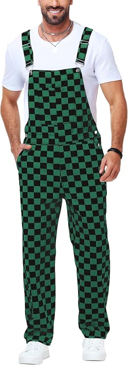 Mens Checkered Overalls Bib Coveralls Denim Straight Pants Cotton Casual Jean Jumpsuits