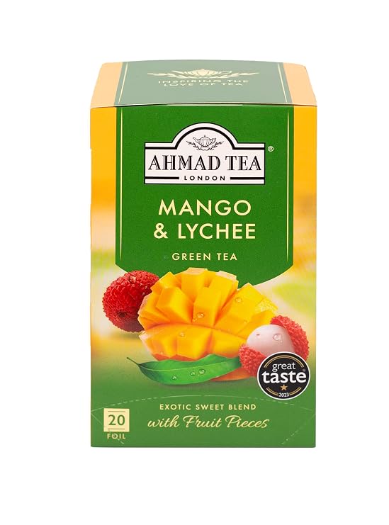 Ahmad Tea Green Tea, Mango & Lychee Teabags, 20 ct (Pack of 1) - Caffeinated & Sugar-Free