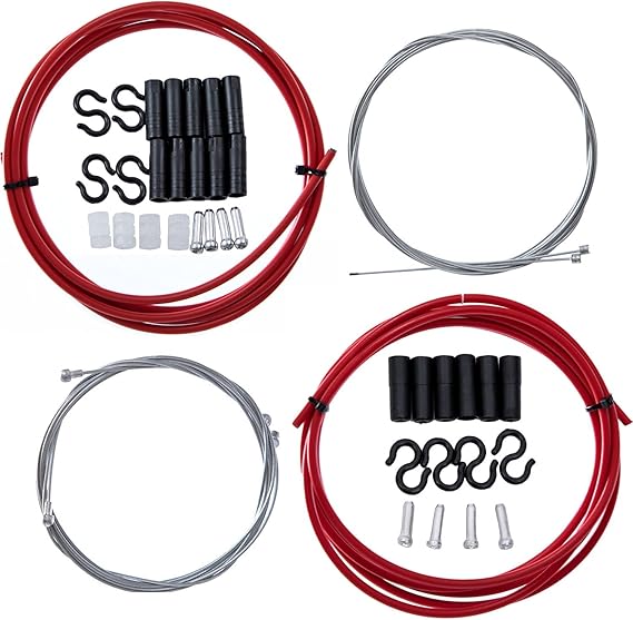 YBEKI 2-in-1 Universal Bike Brake & Shifter Cable Kit | High-Carbon Steel Braided Cables with PVC Housing for MTB/Road Bikes | Anti-Rust + 3000+ Cycle Tested (red)