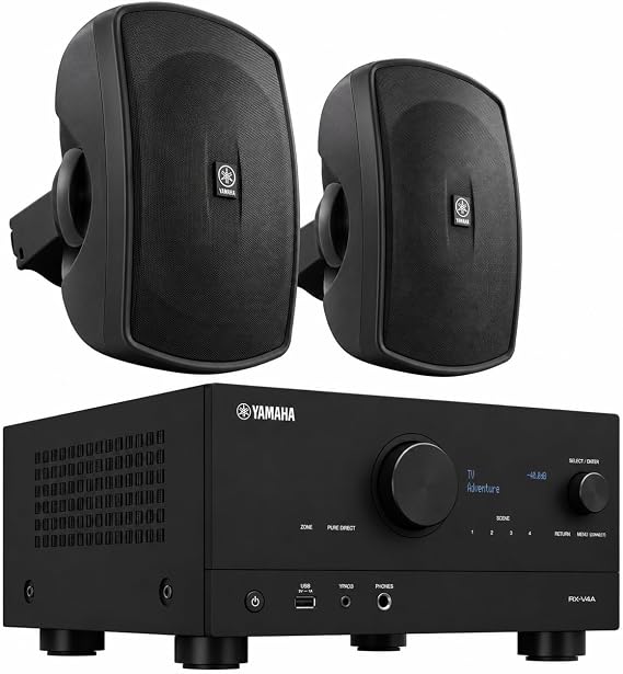 YAMAHA RX-V4A 5.2-Channel AV Receiver with MusicCast with YAMAHA NS-AW390BL Outdoor Speakers (Pair - Black) - Weather-Resistant Patio Speakers with...