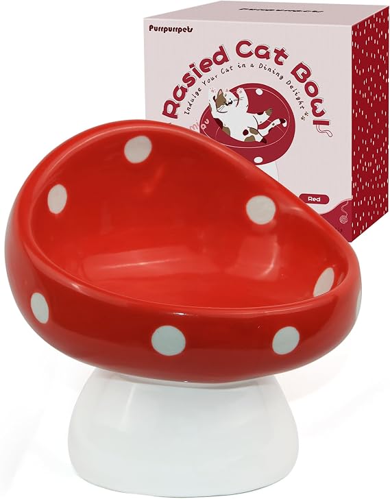 Ceramic Mushroom Cat Bowl, Cute Cat Food Bowl Rasied | Premium Food-Grade Ceramic, Whisker Friendly Cat Bowl Elevated, Red