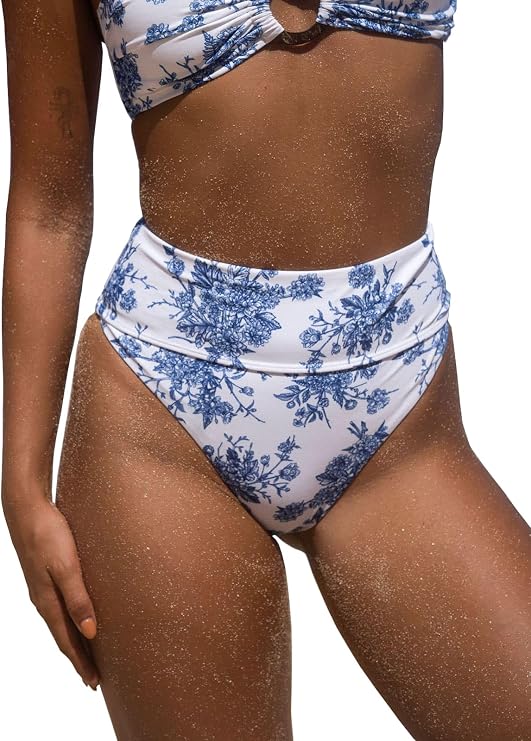 BERLOOK Women's Floral High Cut Wide Waistband Ribbed Tummy Control Coverage Bikini Bottom