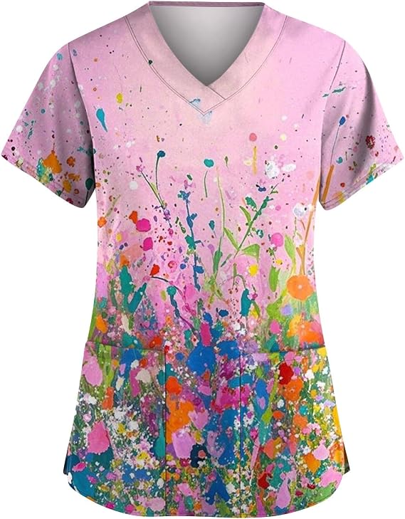 Scrubs for Women Plus Size Stretch Short Sleeve V Neck Pattern Nurse Tops Working Uniform Nursing Top with Pockets