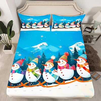 Cartoon Snowman Fitted Sheet Skiing Sheets Queen Size Bed Set,Cute Polar Animals Bed Sheets,Snowboard Bedding Set Ski Sports Christmas Decorations