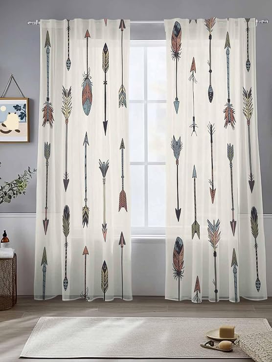 Feather Arrow Sheer Curtains 84 Inches Long 2 Panels, Indian Tradition Colorful Arches Beige Rod Pocket Window Sheer Curtain Voile Drapes for Living Room Bed Room, 52"x84"