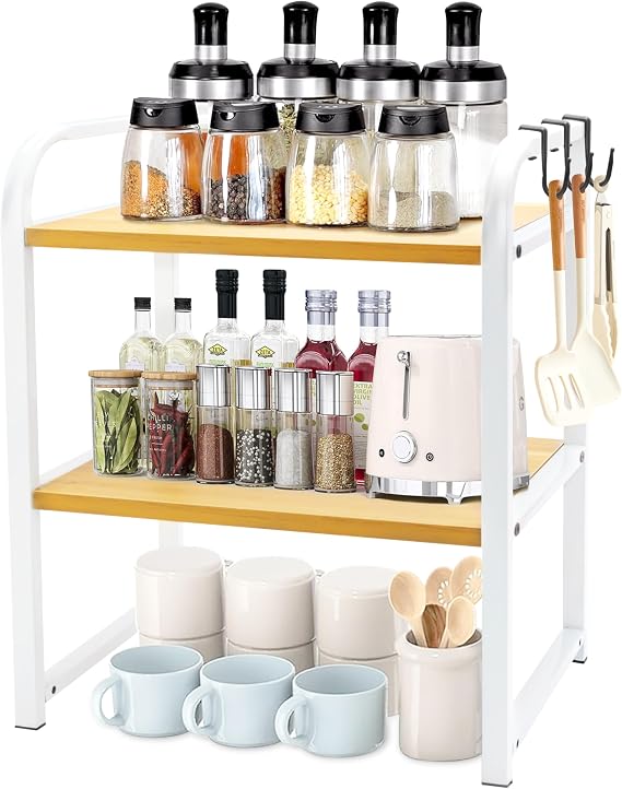 Storage Rack with Hooks, Desktop Storage Rack, Bamboo Frame, for Kitchens, Dining Rooms, Offices, Rustic Brown and white 001