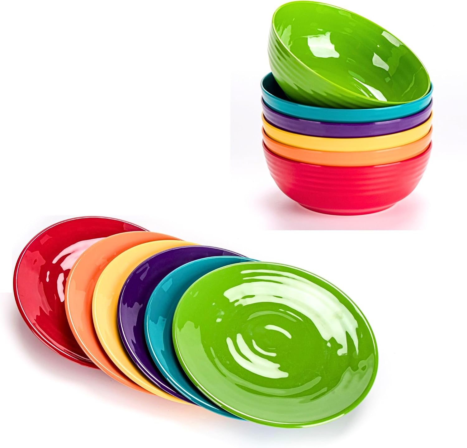 Multicolor Melamine Dinnerware Bundle - 11-inch Plates Set of 6 and 7-inch Bowls Set of 6