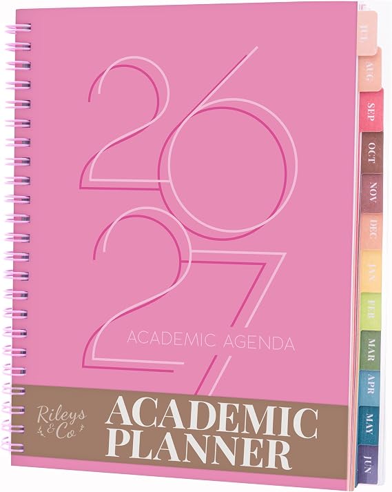 Rileys Academic Diary 2026-2027, Daily, Weekly & Monthly Planner, July 2026 - June 2027, Student Notes Pages, Twin-Wire Binding, Weekly Agenda for School & Work (20 x 15 cm, Pink, Deco)