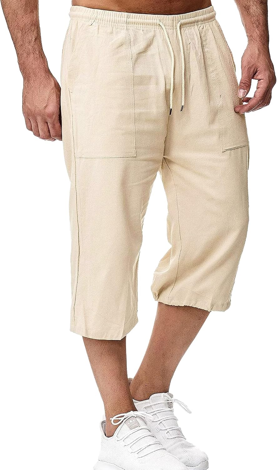 LVCBL Mens Linen Shorts Men Casual Capri Pant Summer Beach Yoga Shorts with Pockets