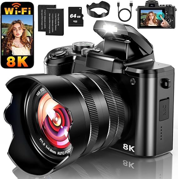 8K Digital Camera, 88MP WiFi Cameras for Photography with 3.2" Touchscreen | 64GB Card, Autofocus, 16X Zoom, Anti-Shake, Dual Lens Vlogging Camera for YouTube, 2 Batteries & Flash