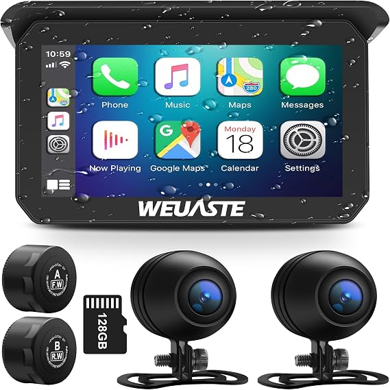 Portable 5" Wireless Motorcycle Carplay (Include 128 GB TF) with 1080P Dual Motorcycle Dash Cam/Camera (IMX307 Chip), GPS Navigation System, TPMS, IPS Waterproof Touch Screen, Bluetooth