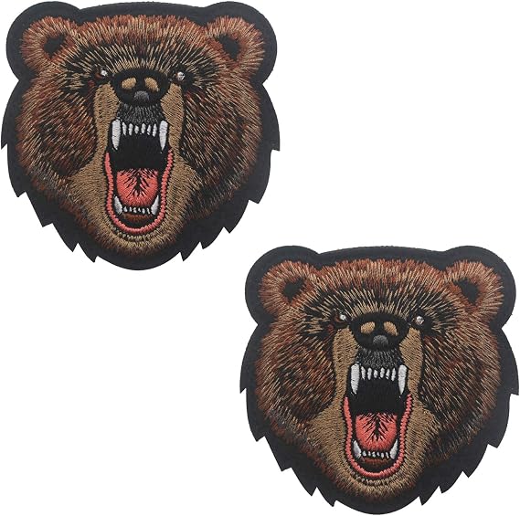 Bear Angry Grizzly Embroidered Patches Badge Decorative Appliques with Hook and Loop Backing 3.15 Inch 2PCS