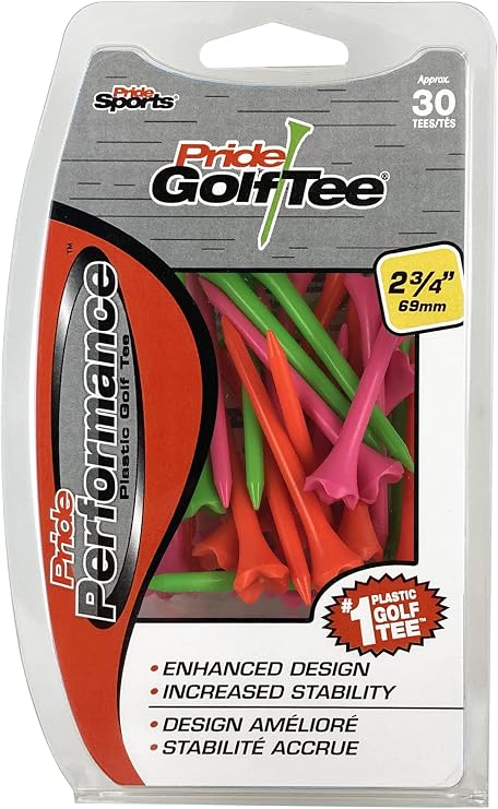 Pride Golf Tee Performance Plastic Golf Tees - 30 Count, 3-1/4 Inch - Citrus Mix - Low Resistance Head Design - Made from Durable Plastic