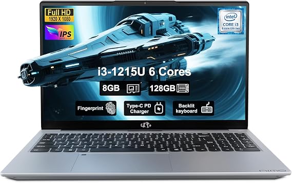 NIMO 15.6" FHD Laptop, Intel 6 Cores i3-1215U (Beat R5 7520U, Up to 4.4GHz) 8GB RAM 128GB SSD Computer with 65W Fast PD, Backlit KB, WiFi 6, 180 View, for Content Creators & Student