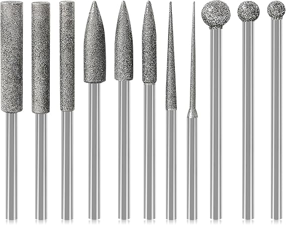 Diamond Grinder Bits Compatible with Dremel, 11PCS Polishing Kits Rotary Tools Bits with 1/8" Shank Stone Carving Set for Carving, Engraving, Grinding, Stone, Rocks, Jewelry, Glass, Ceramics