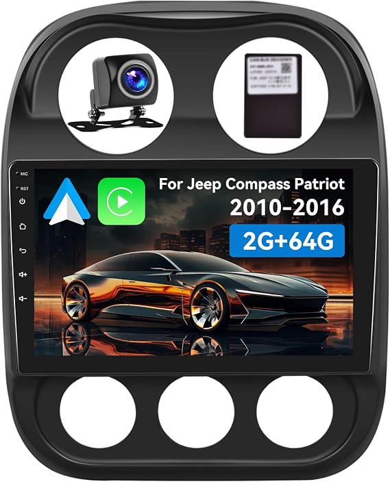 2+64G Car Radio for Jeep Compass Jeep Patriot 2010-2016 with Wireless Carplay Android Auto,10.1 inch Touchscreen Car Stereo Radio Support Mirror Link WiFi/GPS Bluetooth FM RDS EQ SWC Backup Camrea