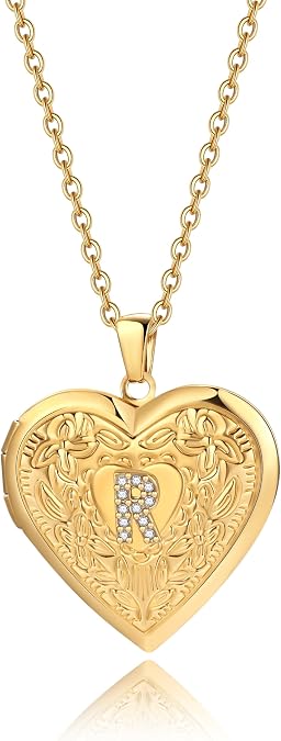 Badu Gold Initial A-Z Necklace for Women Heart Photo Lockets that Hold Picture Love Image Cubic Zirconia Necklace