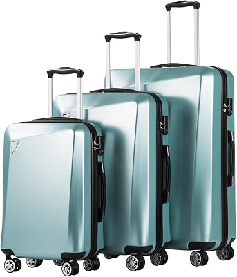 Coolife Luggage 3 Piece Sets PCABS Spinner Suitcase 20 inch 24 inch 28 inch ice blue