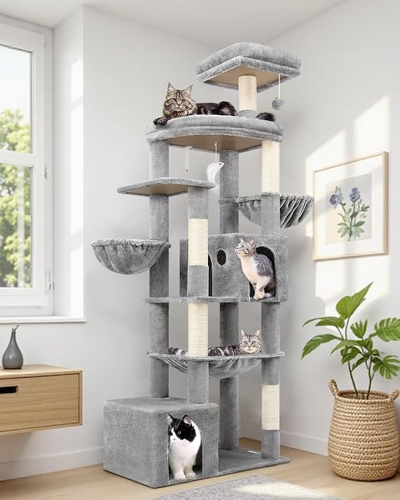 Globlazer S76B Cat Tree Tower 193cm with 2 Caves Hammock for 2-4 Heavy Cats