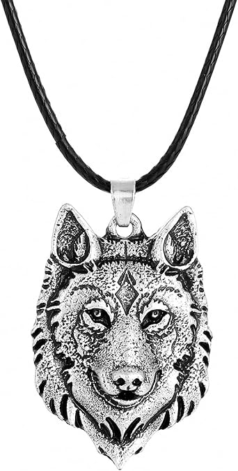 Norwegian Pirate Viking Amulet Fenrir Wolf Head Pendant Necklace Animal Power Wolf Totem Norse Nordic Amulet Odin Mounts Celtic Wolf Leather Cord for Men Women Teens Boyfriend Husband Father Son Gift Jewelry
