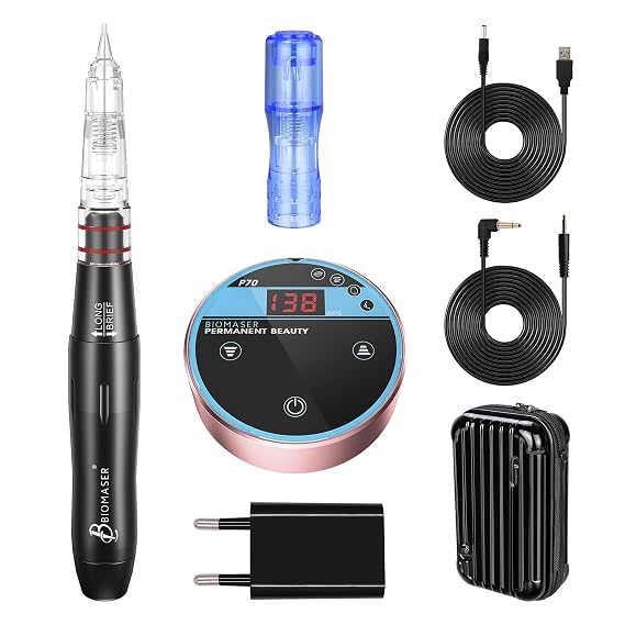 P70 Permanent Makeup Machine kit-BIOMASER Permanent Makeup Microblading Tattoo Machines with Swiss Motor Rotary Pen Mini Power Supply Cartridge needles for Eyebrow Eyeliner Lip