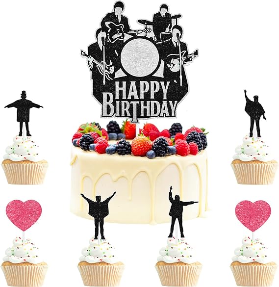 Rock Band Themed Happy Birthday Cake Toppers 7-Piece Set - 80s rock music themed party, birthday party, concert party decorations that both boys and girls will love - LIANGSS