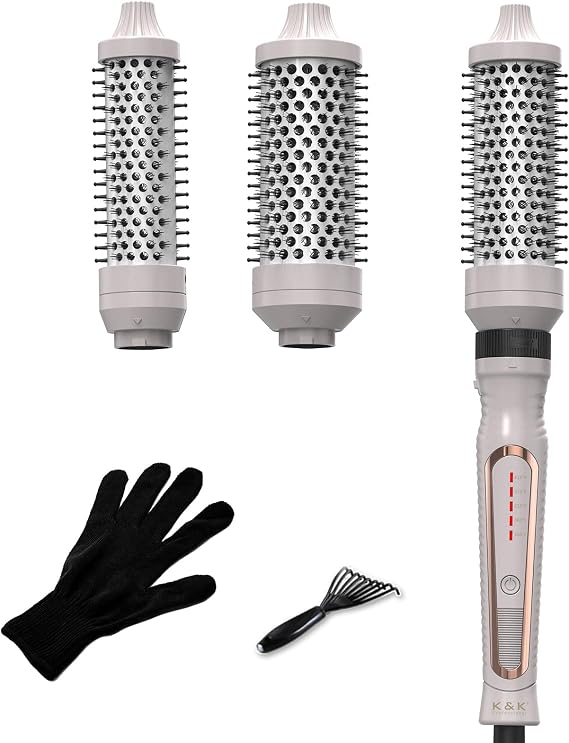 K&K Thermal Brush 3 in 1 Set Ionic Heated Round Curling Create Volume & Smoother Hair Style for Fully Dried Hair Ceramic Fast Heating Curling Iron Brush with Temperature Traveling 60 Mins Auto Off