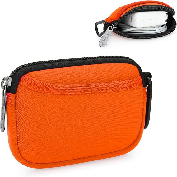 Mini Pouch Case Small Accessories Storage Organizer Tech Bag (Orange) | Travel Gadget Bag for USB Cable Drive SD Card Charger Power Adapter Keys Keychain, Coin Purse Wallet Zipper Pocket with Hook