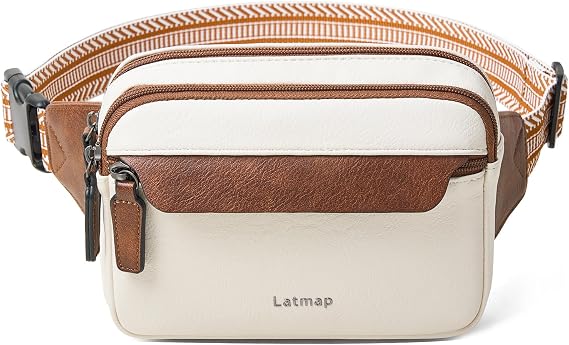 LATMAP 3L Fanny Packs for Women Cross Body Bag Vegan Leather Chest Belt Bag Fashion Waist Pack Small Bum Bag Crossbody for Travel Running Workout, Beige with Brown