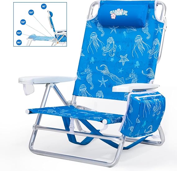 Old Bahama Bay Backpack Beach Chair, Aluminum Lightweight Reclining 5-Position Lounge Chair for Adults Heavy Duty Support 400 LBS Portable Folding with Cooler Bag Camping Chair for Sand Outdoor