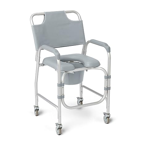 Medline Aluminum Padded Shower Chair Commode with 4 Locking Casters, 300 lbs. Capacity For Restroom, Bathroom & Wheelchair Transfer to Toilet, 1 Ct.