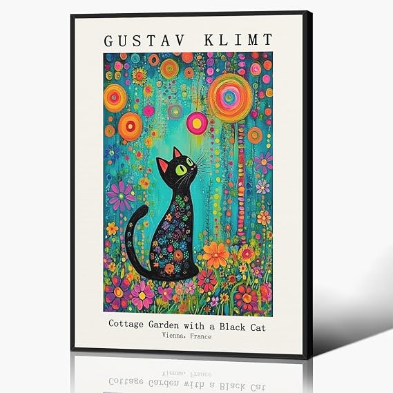 Gustav Klimt Canvas Wall Art, Klimt Black Cat In The Garden Poster, Famous Oil Paintings Reproduction, Classic Fine Art Black Cat Floral Prints for Bedroom Living Room 8x12in Framed