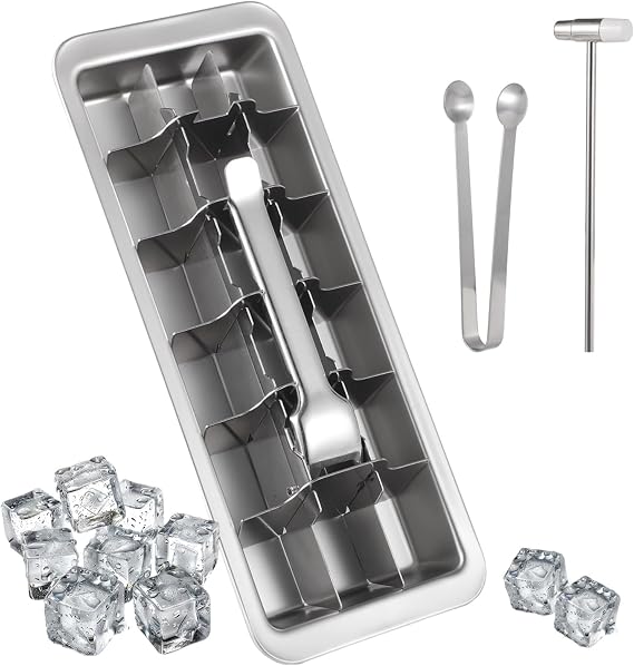 Ice Cube Trays Set, Ice Tongs and Hammers with Quick Release Ice Trays, Stainless Steel Ice Trays for Freezer, Metal Ice Mold for Home Kitchen