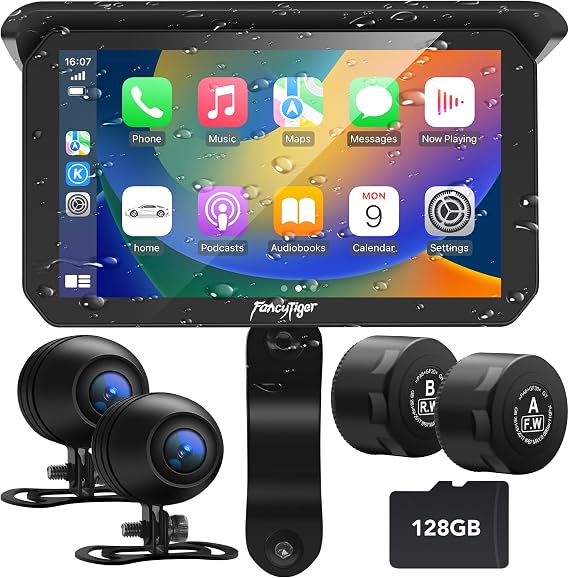 2026 FancyTiger Portable 5" Wireless Motorcycle Carplay (Inculed 128G SD Card) with Android Auto Screen, HD Waterproof Touch Screen, TPMS, GPS Navigation System, G-Sensor, Duble Dash Cam/Camera