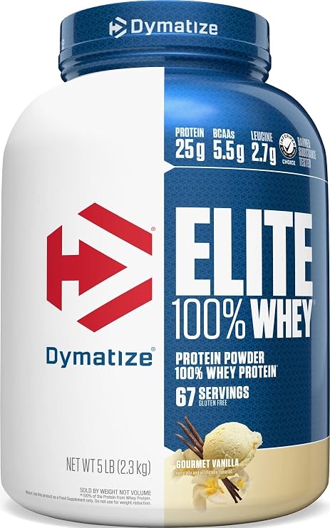 Dymatize Elite 100% Whey Protein Powder, Vanilla, 25g of Protein, 5.5g BCAAs, Less Than 140 Cal., Gluten Free, 2g Carb, 2g Sugar, 3g Fat (67 Servings)