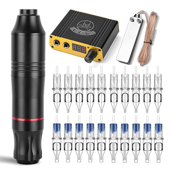 ATOMUS Cartridge Tattoo Machine Kit Pen Rotary Tattoo Machine with Power Supply 20pcs Mixed Cartridge Needles Foot Pedal DC Clip Cord
