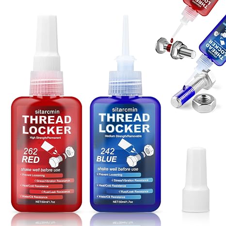 Thread Lock 50ml + 50ml - Medium and Strong Strength threadlocker, Heat-Resistant Anaerobic Curing Locktight Threadlock for Nuts Bolts Fasteners - Prevents Loosening Leakage, Corrosion(Blue, Red)