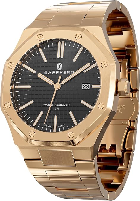 SAPPHERO Watches Men Octagonal Stainless Steel Waterproof Analog Japanese Quartz Wrist Watch Date Classic Business Luxury Watches for Men Elegant Gifts