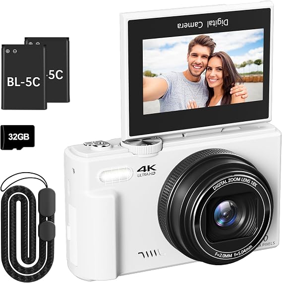 4K Digital Camera for Photography, 64MP Vlogging Camera for YouTube with 3" 180° Flip Screen, 18x Digital Zoom Point and Shoot Camera with 32GB Micro SD Card