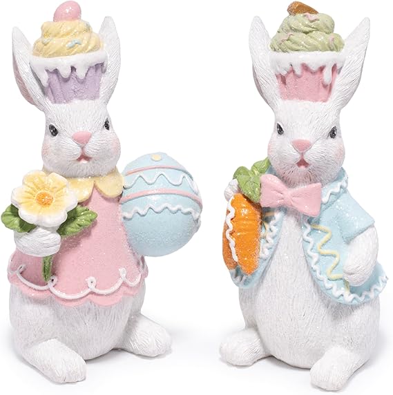 Hodao Easter Bunny Figurines Set of 2 Decor, Spring Decorative Rabbit Couple with Colorful Cake, and Easter Eggs Tabletop Home Decoration for Living Room, Entryway